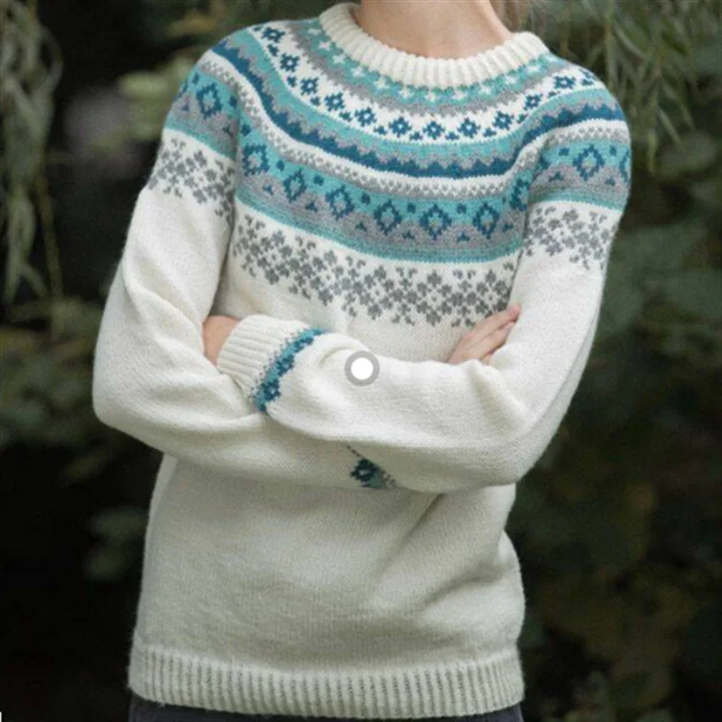 Women Sweater Round Neck Long Sleeve Crochet Knit Pullover Sweater Geometric Pattern Patchwork Color Knit Top Winter Sweater