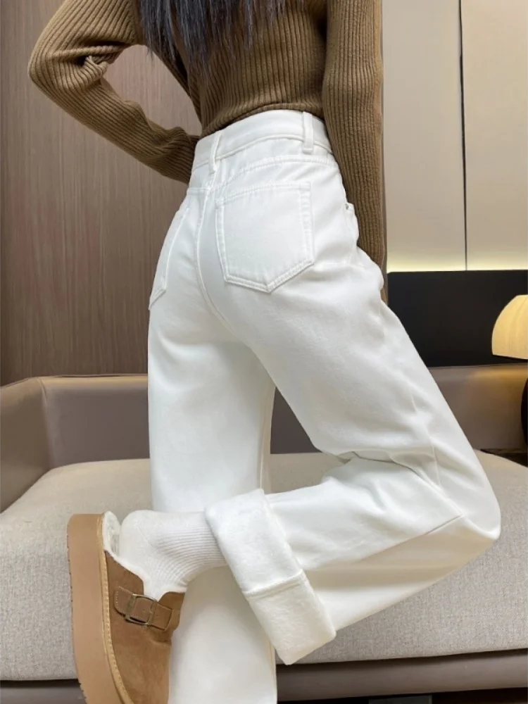 

Белые джинсы с флисовой подкладкой, прямые, женские, повседневные, свободные, с широкими штанинами, с высокой талией, американского кроя, из денима, для осени