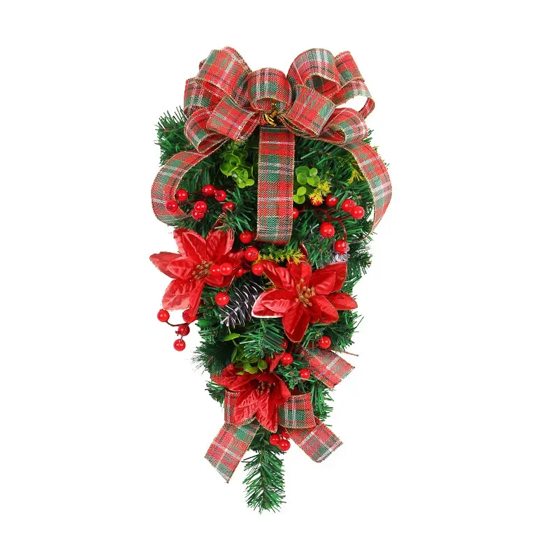 Christmas flower upside down tree classic red and green plaid wreath door hanging shopping mall hotel Christmas wreath wholesale