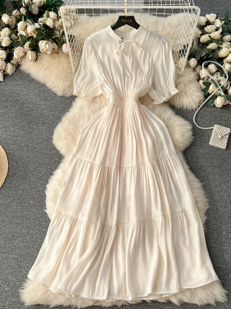 Elegant Solid  Pleat A-line Dress Women Summer Round Neck Hollowed Out Bubble Sleeves Elastic Waist Slim Party Vacation Robe