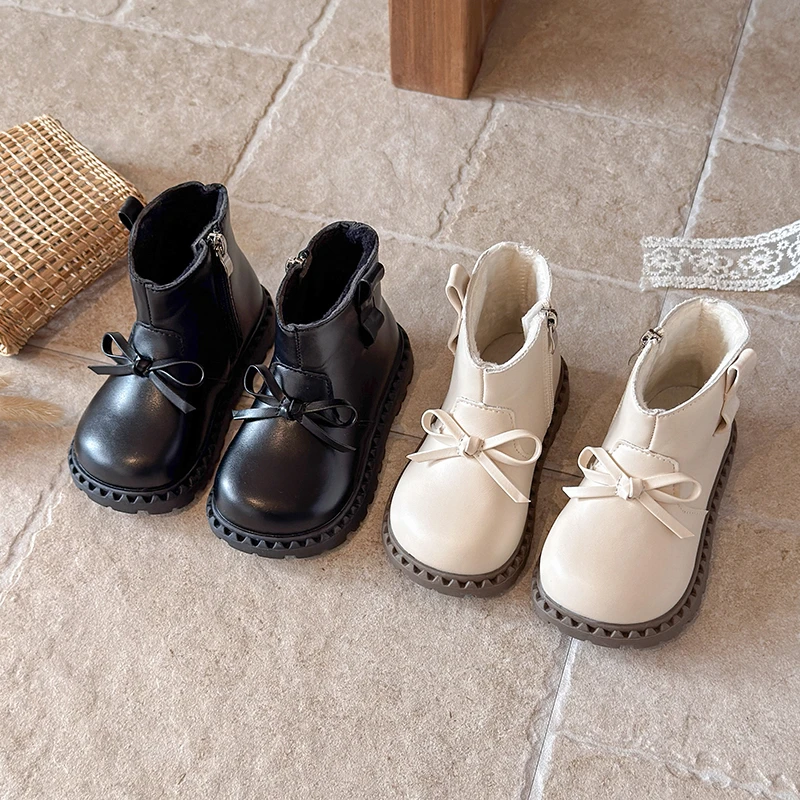 Kid's Shoes Girls' Fashion Side Zip Bow Detail Short Boots Korean Style Thick Bottom Middle Tube Children's Shoes Size 23-35