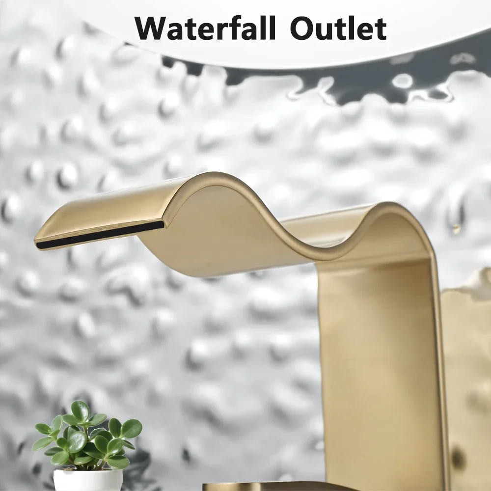 Luxury Brushed Gold Bathroom Sink Faucet Deck Mounted Hot Cold Brass Mixer Waterfall Basin Faucets Lavatory Washbasin Water Tap