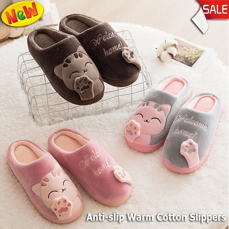 

Women's Slippers Woman Winter Warm Fur Cotton Slipper Cute Cartoon Cat Non-slip House Warm Cotton shoes indoor Floor Shoes