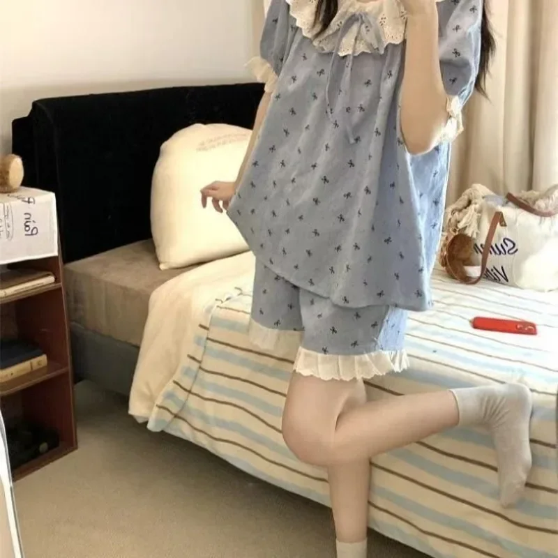 2/pce Set Women Spring Summer Casual Pajama Girl Short Sleees Pants Shorts Loungewear Lady Fashion Lace Heart Print Cloud Pajama