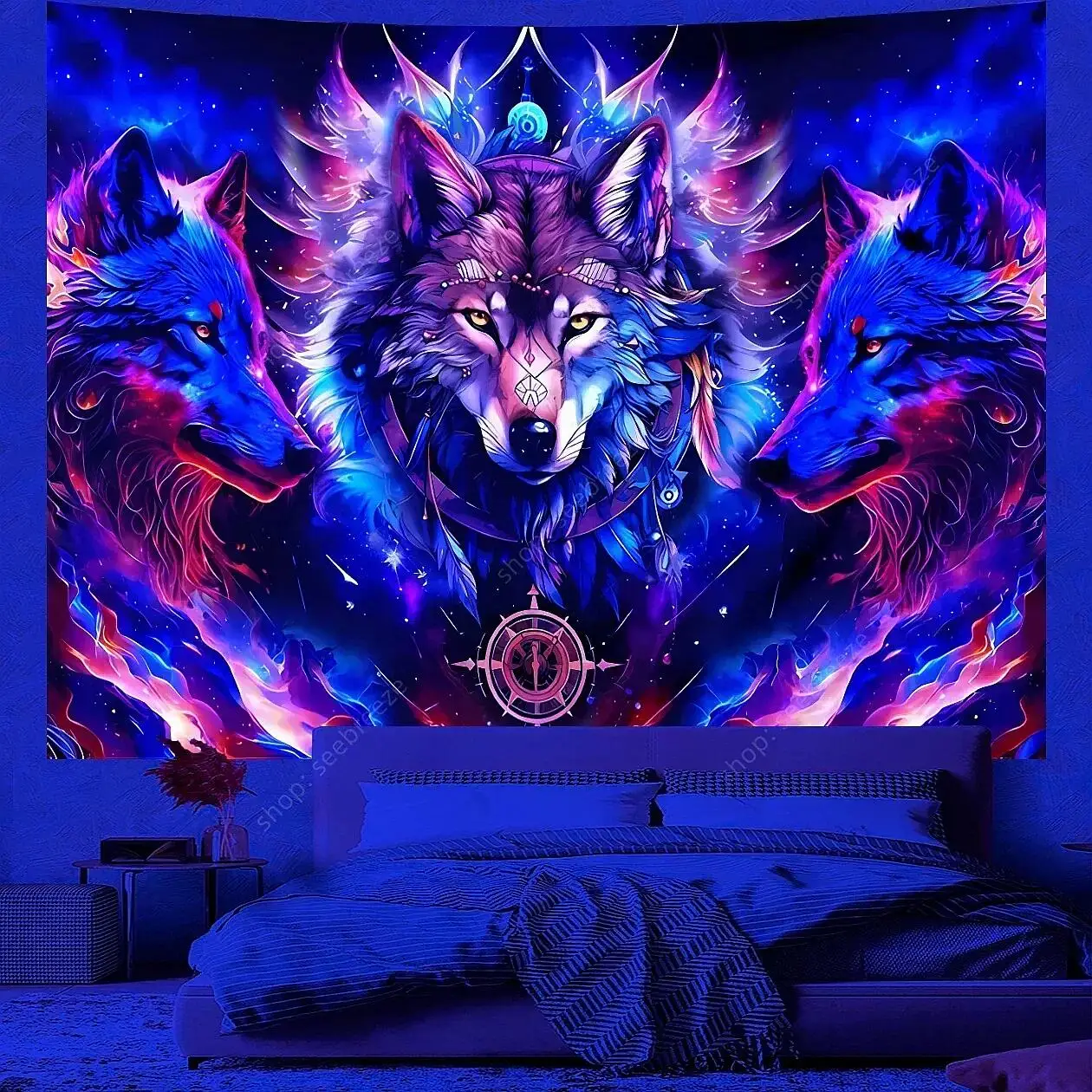 Tapisserie animale loup psychédélique, tapisserie réactive UV, tenture murale, décor de chambre Hippie, couverture de canapé, serviette de plage, cadeau pour ami