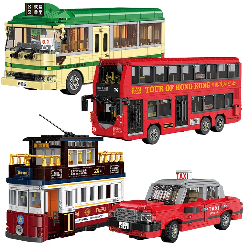 Creative Classic Hong Kong Double Decker Bus Model Building Blocks City Retro Taxi Antique Tram MOC Bricks Toys Kids Adult Gifts