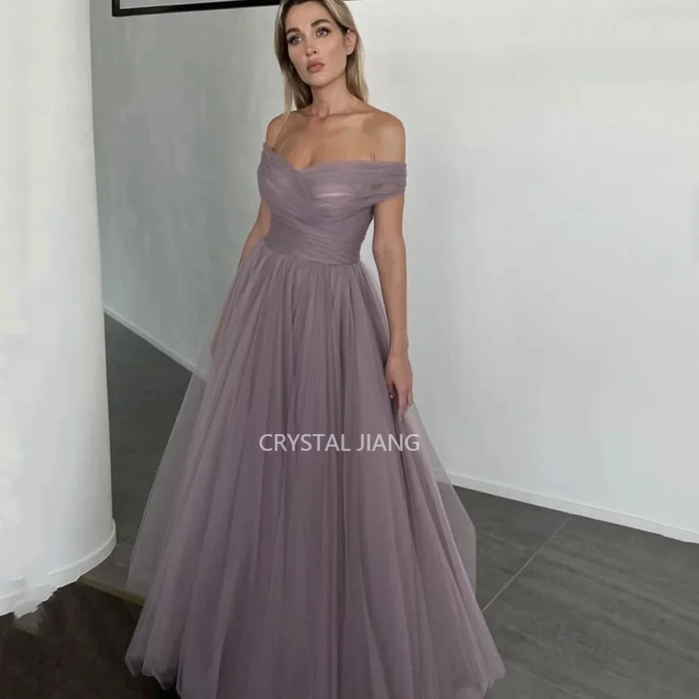 вечернее платье Off the Shoulder Shiny Tulle Short Sleeves A Line Floor Length Evening Dresses Party Gowns