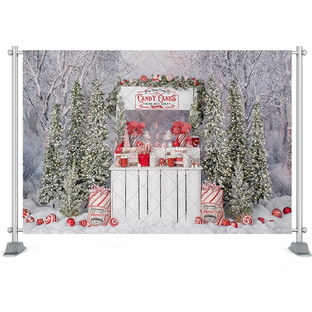 Mrs Claus Candy Station Photo Background Winter Christmas Photography Backdrop Sparkling Xmas Tree Cake Smash Photo Studio Props