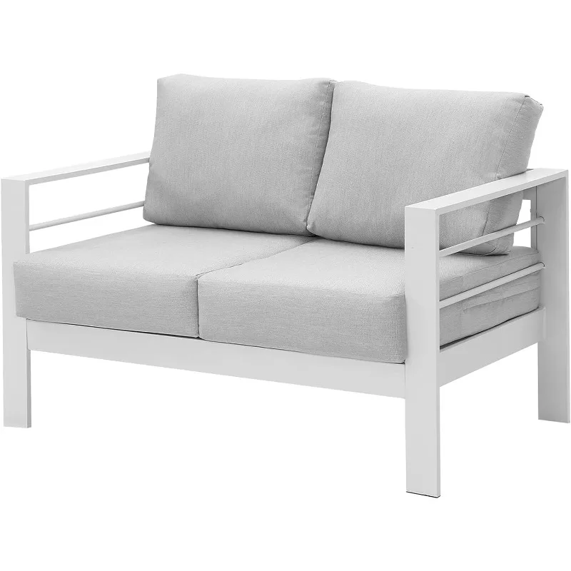 Patio Furniture Aluminum Loveseat, All-Weather Outdoor 2 Seats Sofa Couch, White Metal Chair with Light Grey Cushions