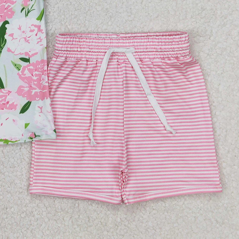 GSSO2357 Baby Girls Pink Sleeveless Floral Button Top Stripe Shorts Set