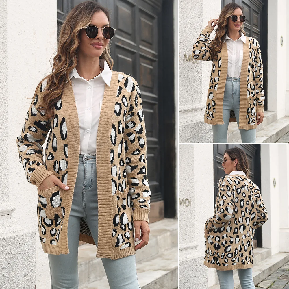 

Fashion Leopard Jacquard Cardigan Pocket Long Knitted Sweater Women's Loose Fall/Winter European and American Sweaters
