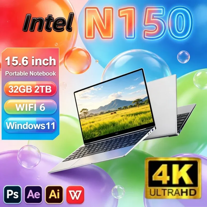 15.6 Inch Gaming Laptop with Intel Core N150 32GB RAM 1TB 2TB SSD WiFi 6 Windows 11 Alert Laptop