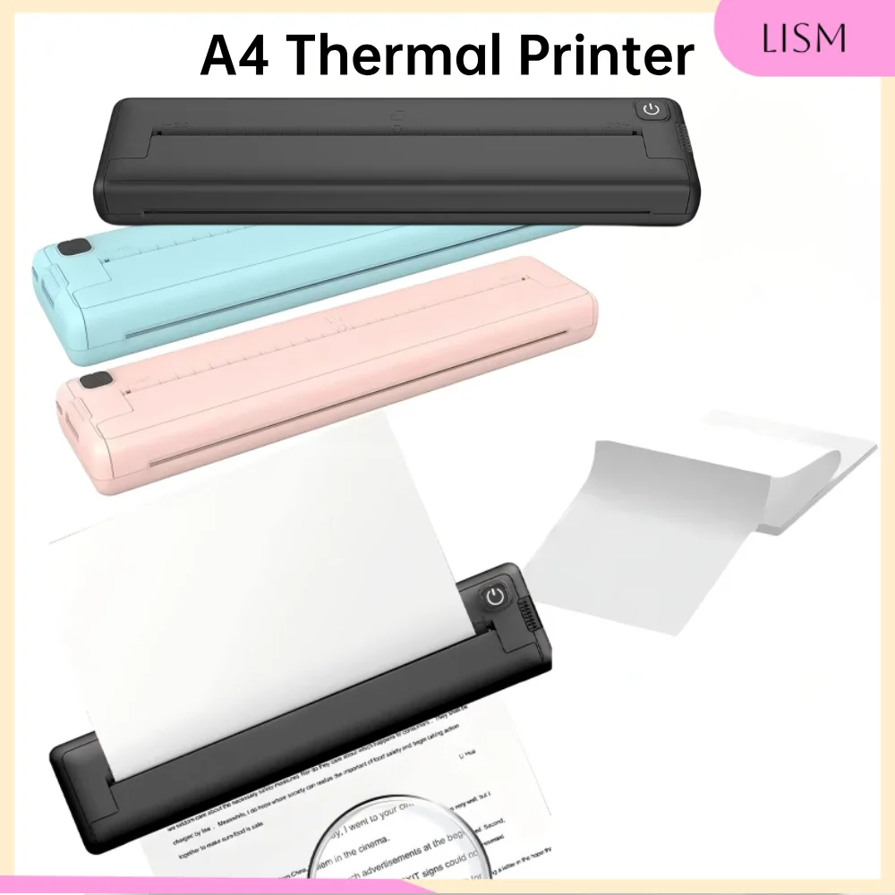 LISM Portable Printer Wireless Bluetooth A4 Thermal Paper Printer 200dpi USB Rechargeable Office Inkless Thermal Printer