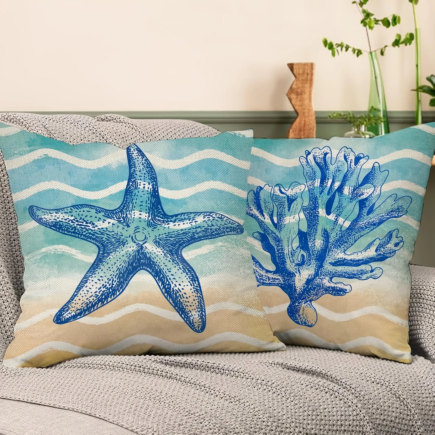 1/4pcs Coastal Throw Pillow Covers Watercolor Beach Ocean Theme Seahorse Starfish Shell Coral Cushion Cases for Home Patio Decor
