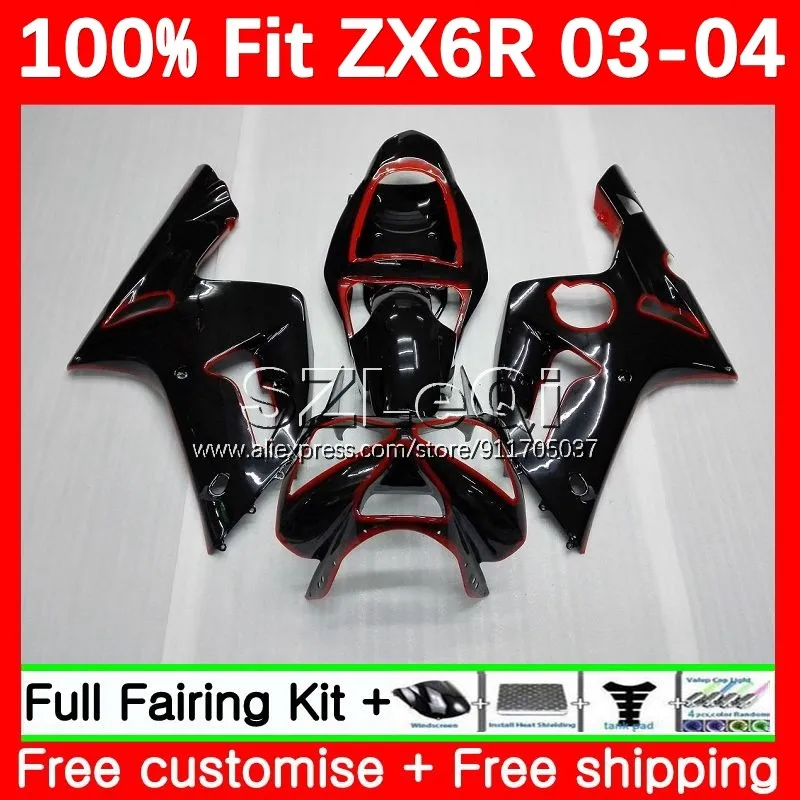 Body+Decal For KAWASAKI NINJA ZX Red black 6R 636 6 R ZX636 ZX6R 03 04 10No.6 ZX-636 600CC ZX-6R 2003 2004 Injection Fairing