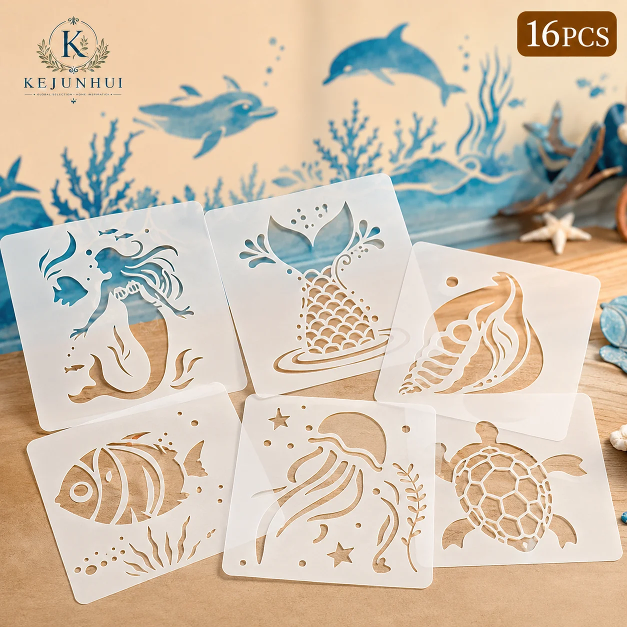 16Pcs 3.9x3.9in Ocean Animal Stencils Reusable PET DIY Painting Stencils Mermaid Shell Craft Templates Wall Wood Fabric Decor