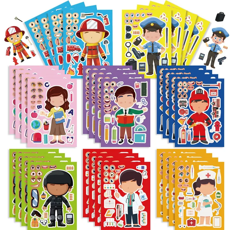 Kids DIY Stickers Puzzle Games Make Firefighter Doctor Nurses Teacher Police Officers Face Assemble Sticker Early Education Toys