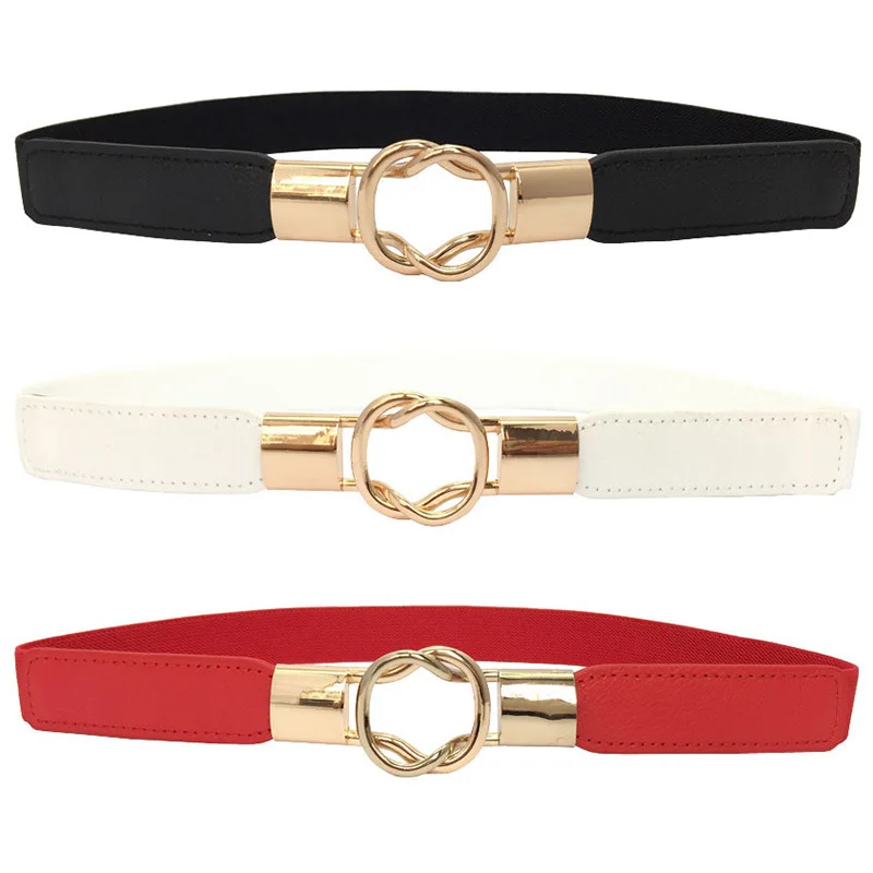 

New Fashion Women's Belt Elastic Waistband Gold Circle Buckle Small Belts Red Thin Cummerbund Woman Belt Strap Brown