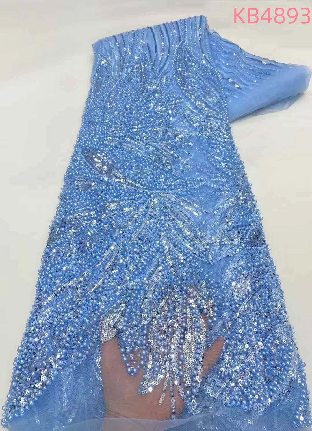 

Luxurious African Blue Beads Sequins Lace Fabric Embroidery French Tulle 2025 High Quality For Wedding Dress Sewing KB4893