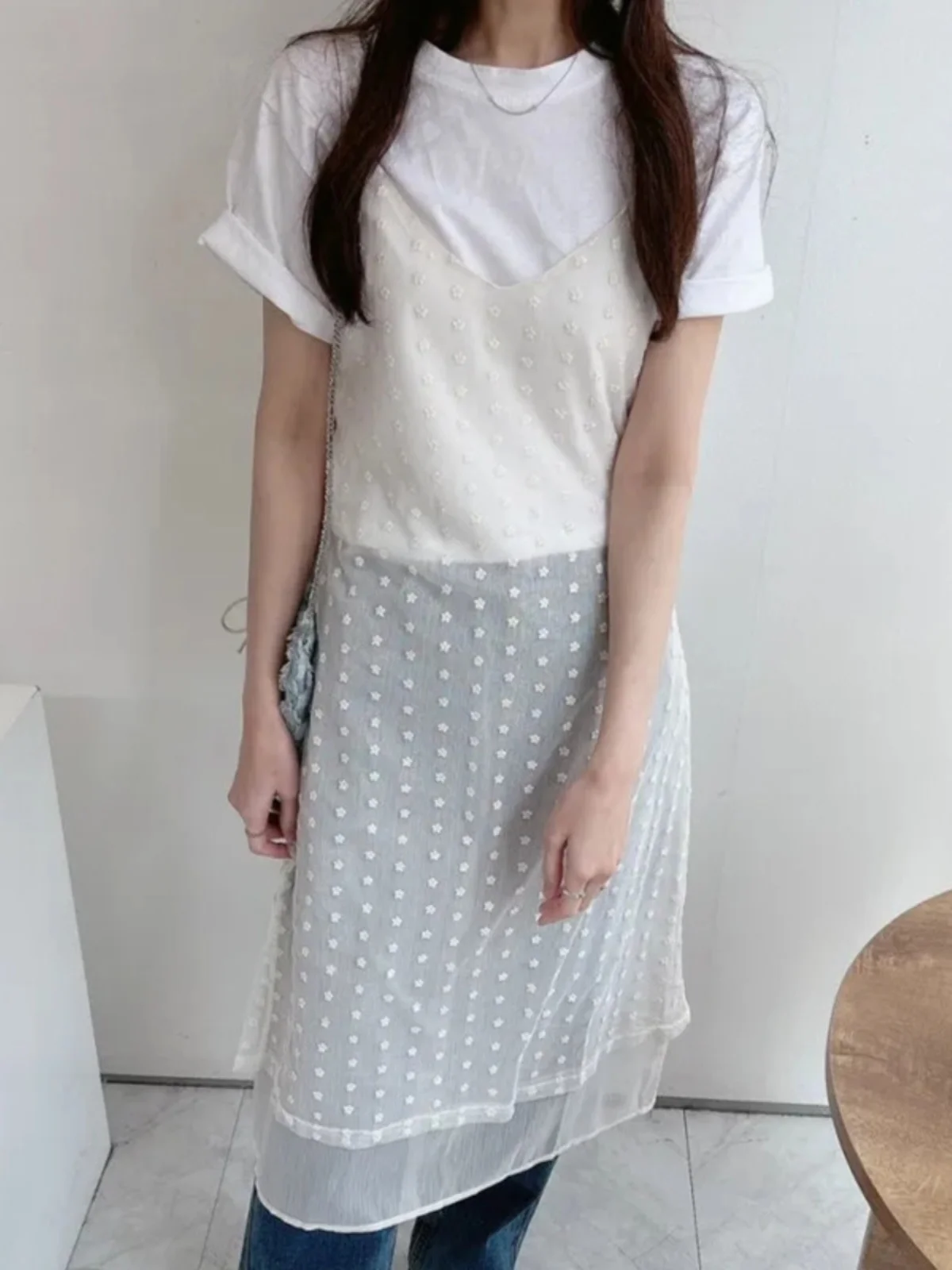 Vestido Branco ter F Primavera Verão Novo com Estampa de Poá Bordado Design em Camadas Saia Longa Estilo Coreano Ci...