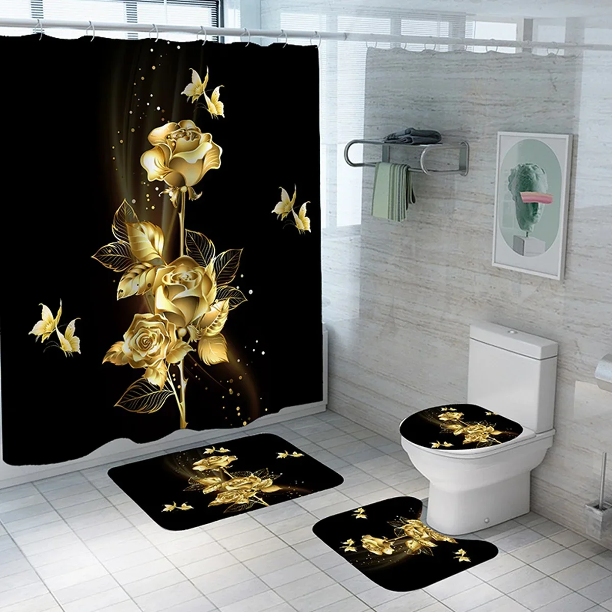 Gold Rose Black Bathroom Set Luxury Shower Curtain with Bath Mat Rug Carpet for Toilet Decor Accessories 4pcs
