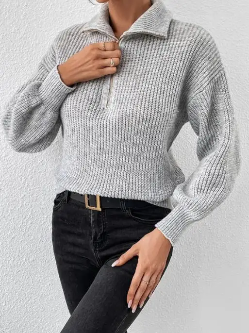

Women's Knitted Top Fashion Loose Casual Zipper Long Sleeve Sweater for Women Temperament Commuting Female Grey Knit Pullovers