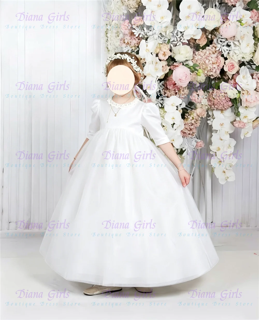 Neues elegantes weißes Blumenmädchenkleid aus Spitze und Chiffon mit halben Ärmeln für Hochzeiten, Abendzeremonien, formelle Empfänge, maßgeschneidert