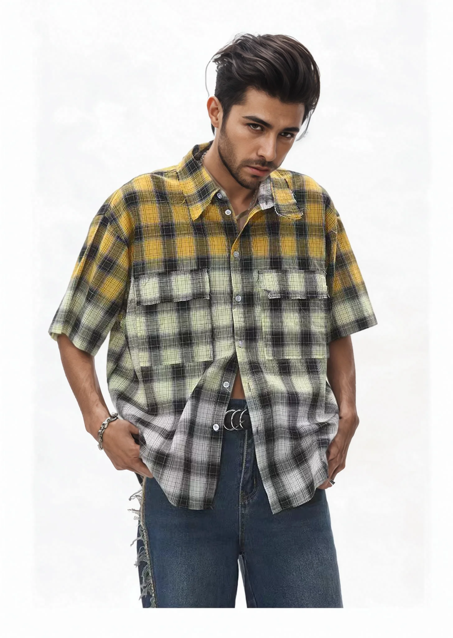 

Trendy men's minority trendy plaid short-sleeved shirt popular gradient color fringe design flap collar shirt