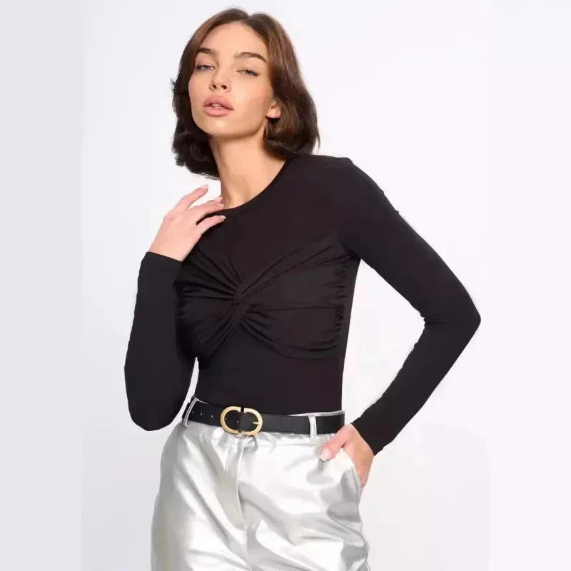 Women's Tight Fitting Base T-shirt Fashion Sexy Slim Fit Cotton Long Sleeved Shirt Chic Office Lady Casual Tops Summer