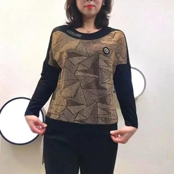 Letter Rhinestone Geometry Contrast Color Long Sleeve Pullover Round Neck Women's Casual T-shirt Spring Autumn All-match Tops