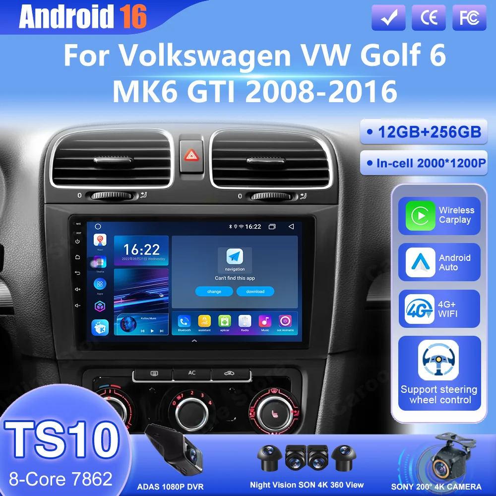 Android 16 Car Radio Stereo For Volkswagen VW Golf 6 MK6 GTI 2008-2016 Auto Wireless Carplay Car Multimedia Video Player 4G+Wifi