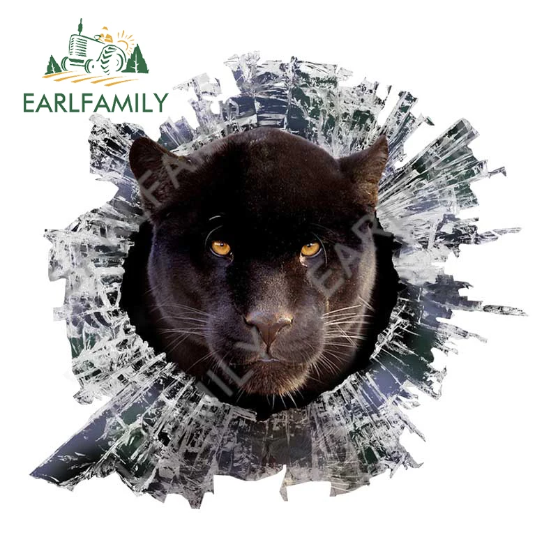 EARLFAMILY 13cm X 11.9cm Broken Glass Animal Black Panther Car Decal 3D Big Cats Car Sticker Rear Windshield Crack Stickers