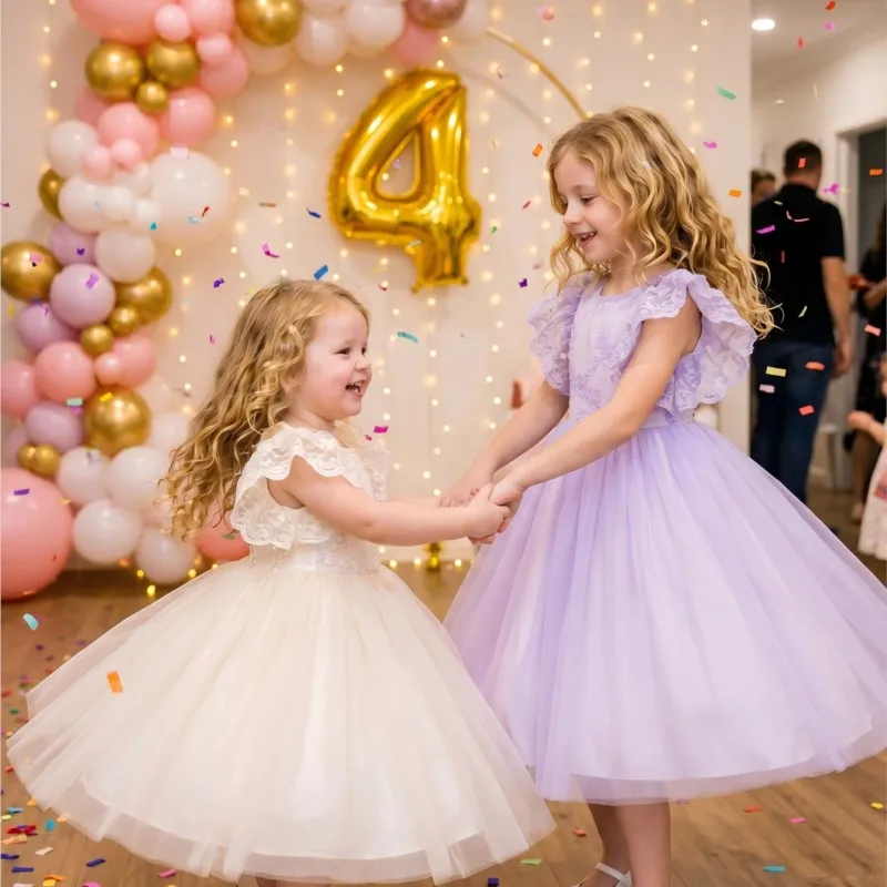 Baby Girl Princess Fly Sleeve Lace Dress Infant Toddler Child Ruffled Sleeve Tulle Vestido Birthday Party Baby Clothes 2-12Y