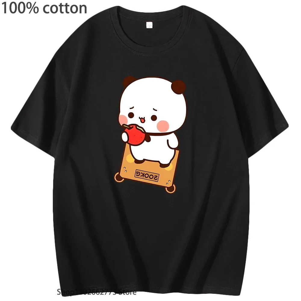 Cute Bubu Is Eating Apple Graphic T-Shirt Panda Bear Kawaii Women Shirt Men T Shirts 100%Cotton Summer Clothes Soft Female Tees