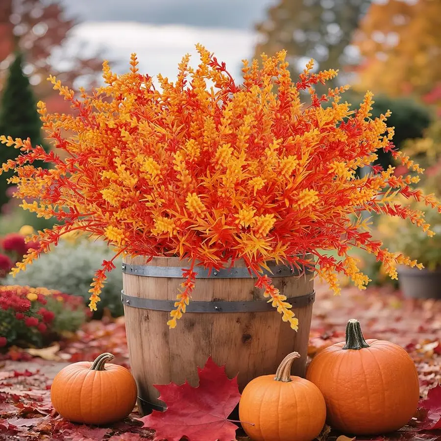 

16 Bundles Artificial Fall Flowers Outdoor – Faux Lavender Flowers with Monkey Grass UV Resistant Plastic Faux Plants for Hallow