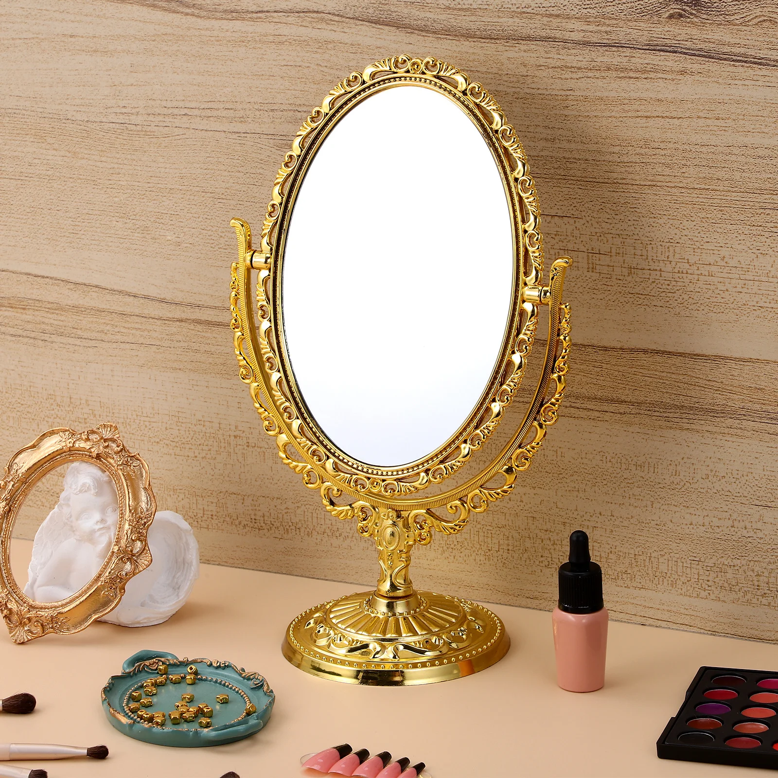 1 pçs retro estilo europeu espelho dupla face 360 graus rotativo oval espelho de maquiagem para casa banheiro quarto desktop