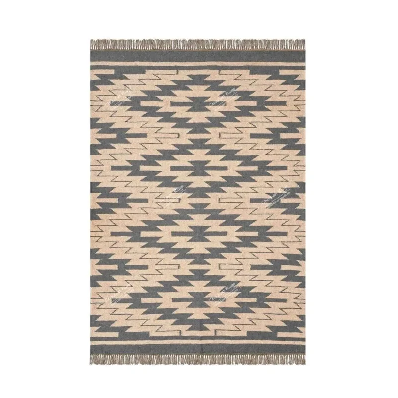 Bohemian Wool Jute Kilim Rug Off White with Grey Design Rug Fringes Jute Rug