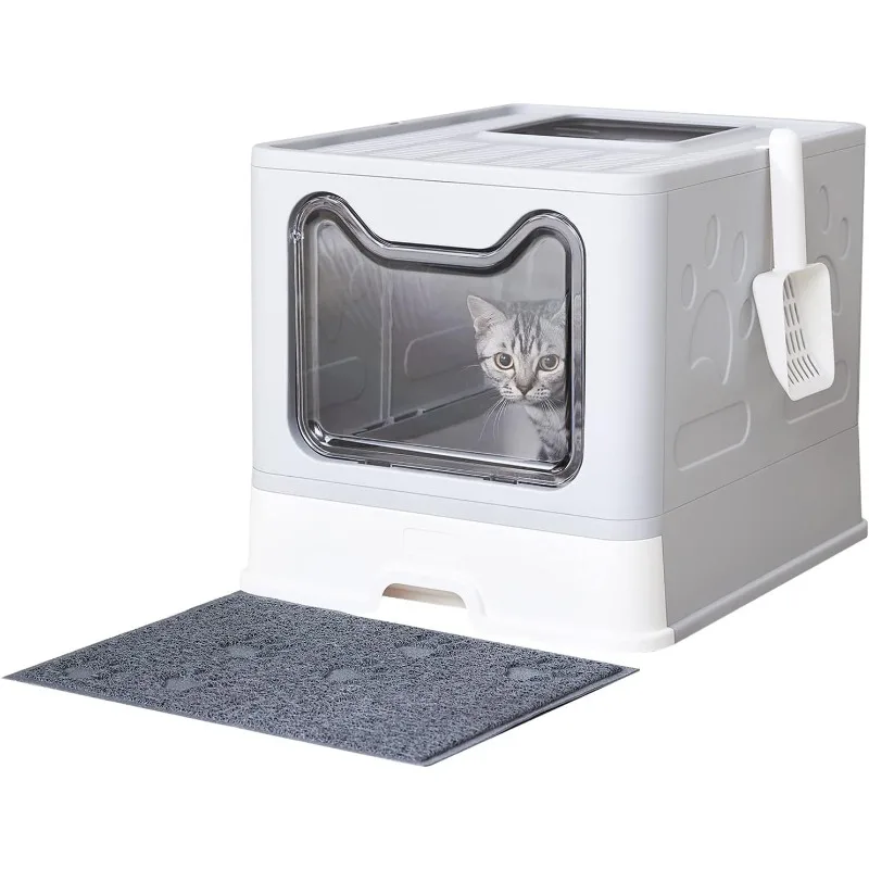 

Cat Litter Box with Litter Mat and Scoop, Large Foldable Litter Box with Lid, Front Entry Top Exit Kitty Box