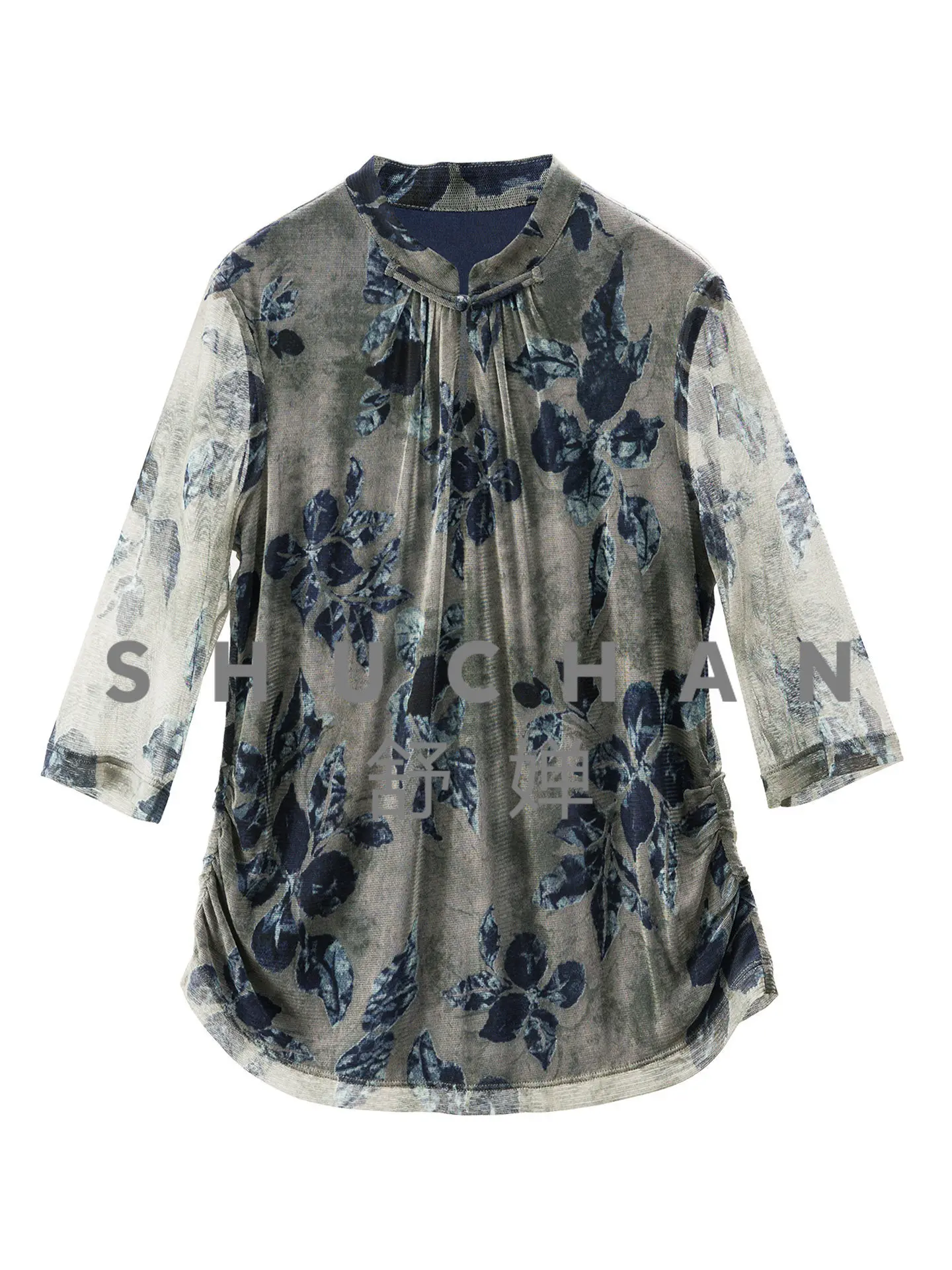 

5A Gupta Double-layer Knitted Silk Stand-up Collar Five-quarter Sleeve Mesh T-shirt Women's 18W6