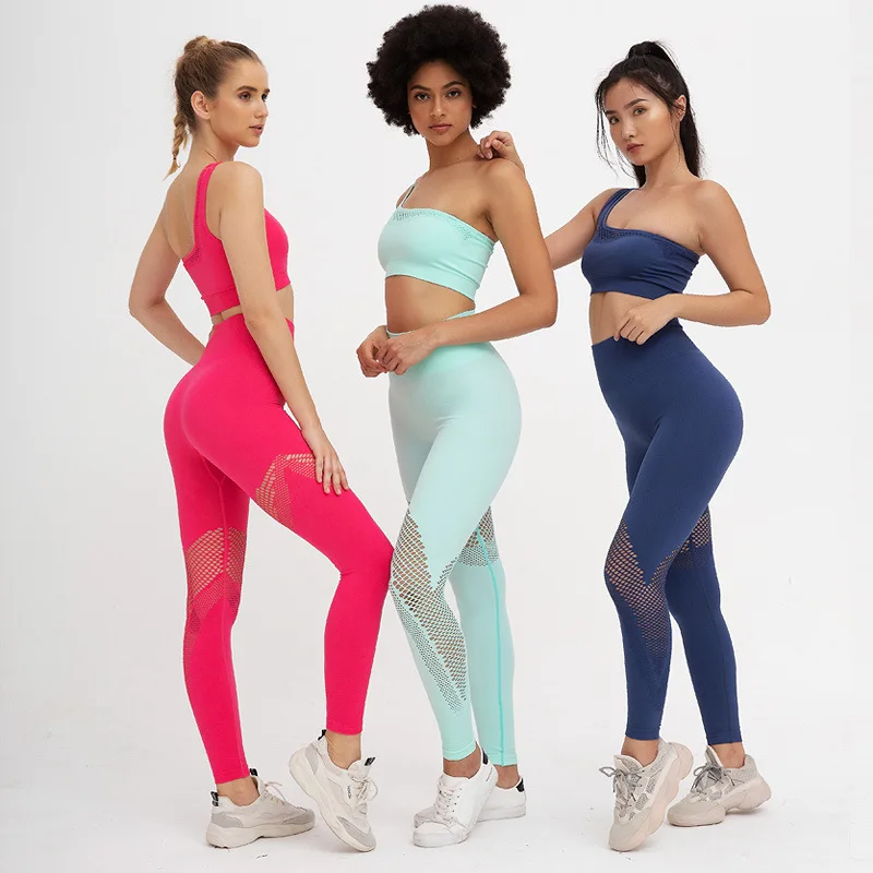 Conjunto de dos piezas de gimnasio sin costuras para mujer, chándal elástico de cintura alta, Leggings, pantalones de entrenamiento, conjuntos de levantamiento sin costuras