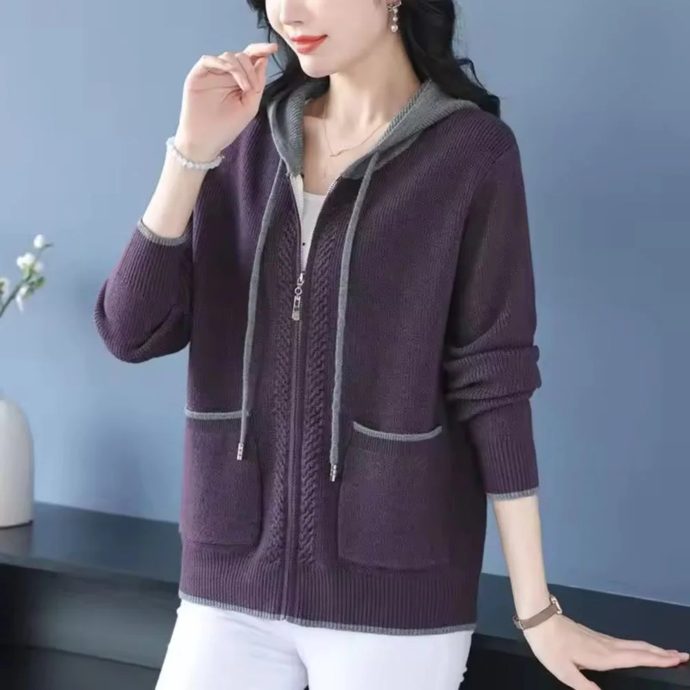 

Весенне-осенний новый модный вязаный кардиган, свитер, куртка, женская корейская молния, разные цвета, короткий свитер с капюшоном, пальто, женские топы