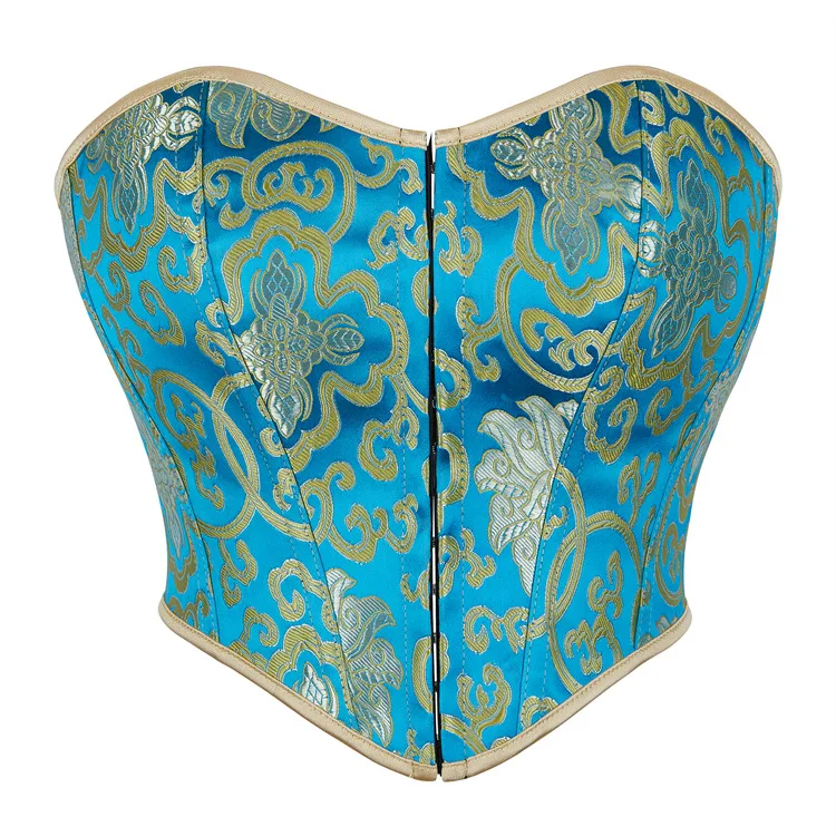 

Blue Jacquard Corset Short Tops Vintage Off Shoulder Single Breasted Overbust Corselet Waist Bustier Top Basques