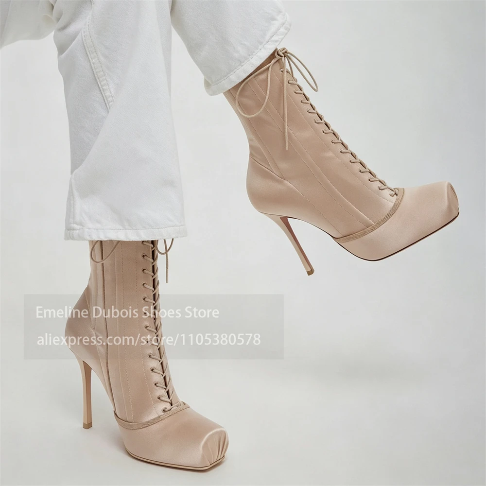 Satin Square Toe Lace up Stiletto Heel Ballet Boots High Heel Short Bootie Sexy Elegant Daily Nightclub Party Lady Shoes Autumn