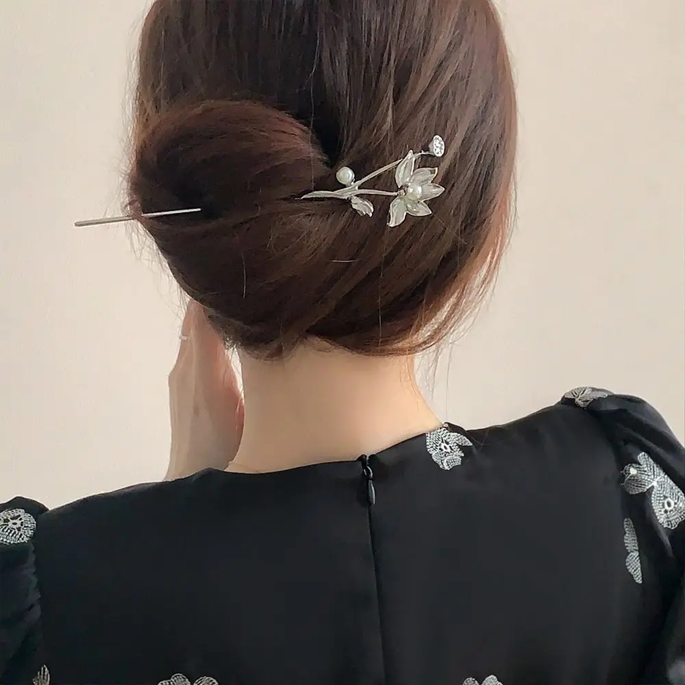 Antique Classical Lotus Flower Cheongsam Pearl Hanfu Hair Sticks Ancient Style Hairpin Chinese Style Headwear Metal Hairpin