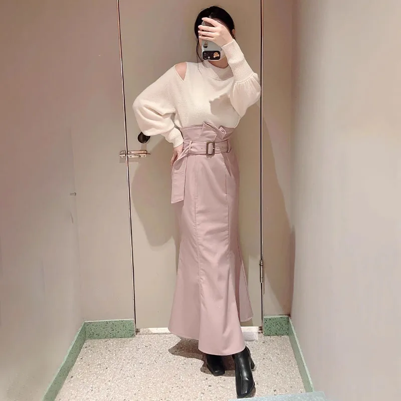 Japanese New Spring Fashion Lady Elegant High Waist Fishtail Skirt All-match Solid Color Floor-length Irregular Ultra Long Skirt