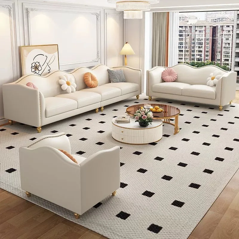 

Nordic modern simple small apartment French cream style white sofa light luxury straight row retro combination leather sofa