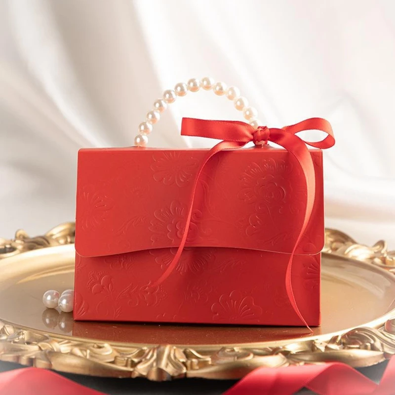 Stylish Embossed Gift Box With Satin Ribbon And Pearl Handle, Valentine's Day Gift Box