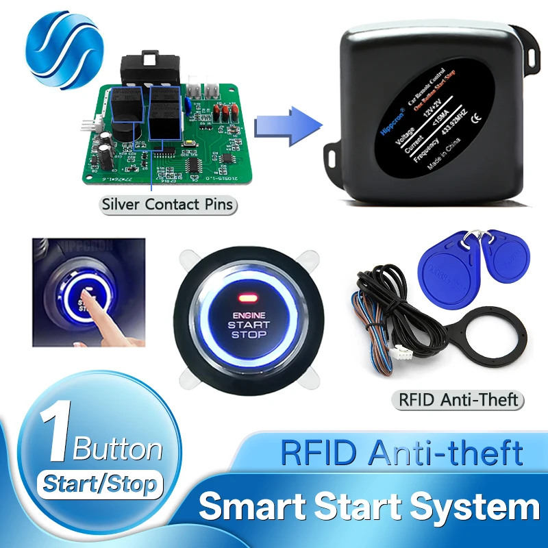 Hippcron 12V Car Keyless Start System With One Button Start Stop Device And 2 RFID Anti Theft Alarm