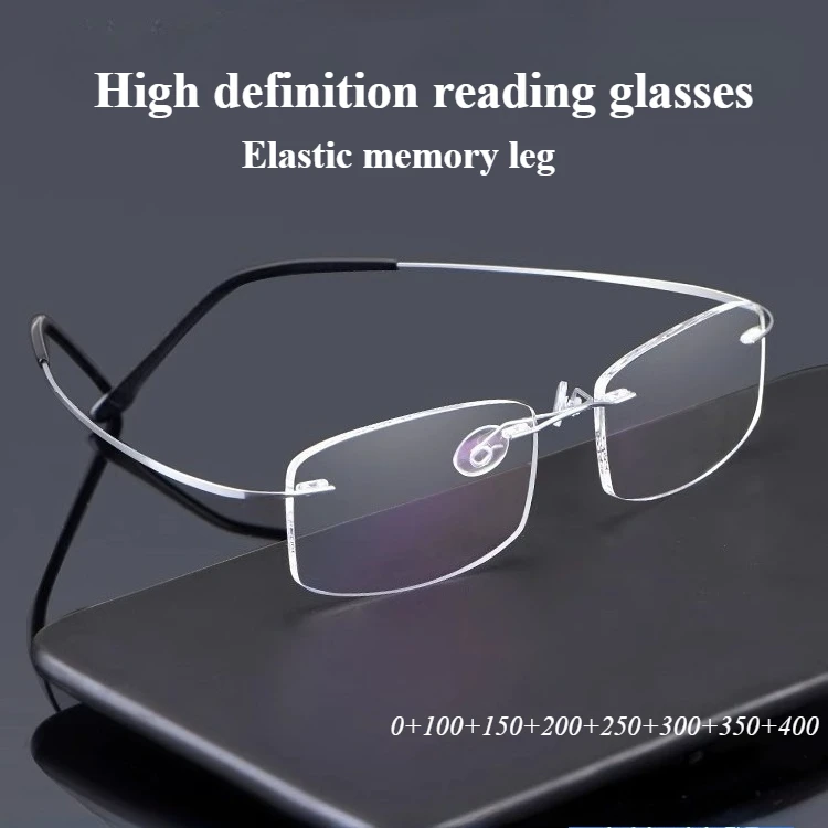 Rahmenlose High-Definition-Lesebrille für Damen, modische Weitsichtbrille für Herren, Anti-Ermüdungsbrille, 0 bis + 400
