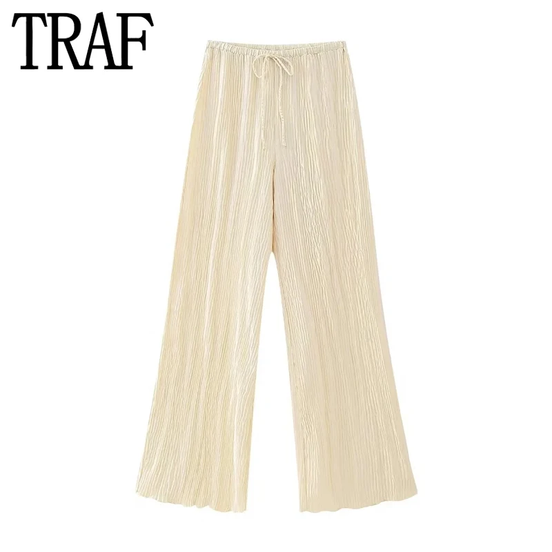 TRAF Pleated Wide Leg Pants Women Satin Baggy Pants Woman Fashion High Waist Pants For Women Autumn Streetwear Trouser Sets